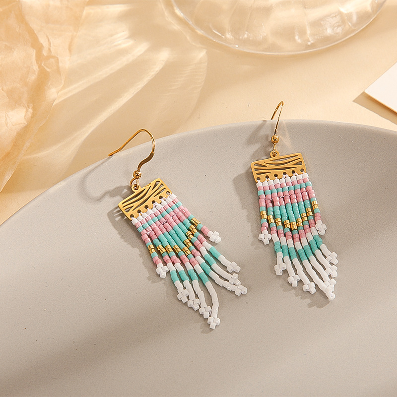 Retro Tassel Glass Titanium Steel Handmade Braid Drop Earrings 1 Pair