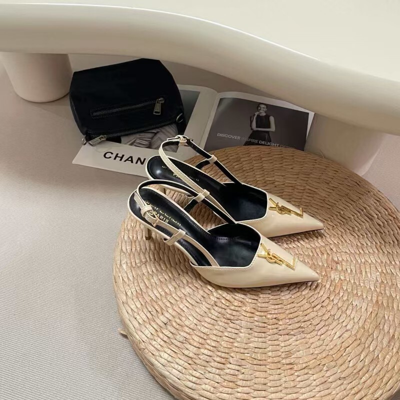 2025 Summer New Style High-Heeled Shoes with Pointed Toe, Lettered Patent Leather, Fashionable and Sexy, Open-Back, Metal Strap, Thin Heel Sandals