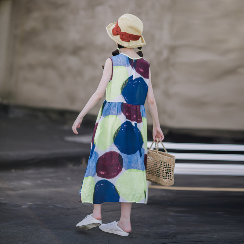 Vestido de las niñas verano fino 2023 nuevas vacaciones estilo occidental medio y grande falda de los niños niñas impreso princesa vestido