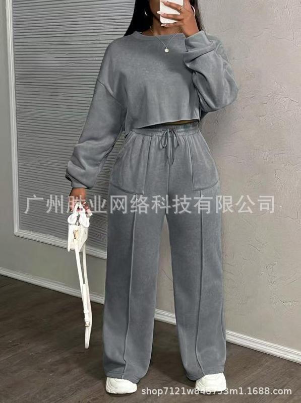 2025欧美跨境外贸春秋新款女装时尚宽松高腰长袖上衣休闲裤子套装|undefined