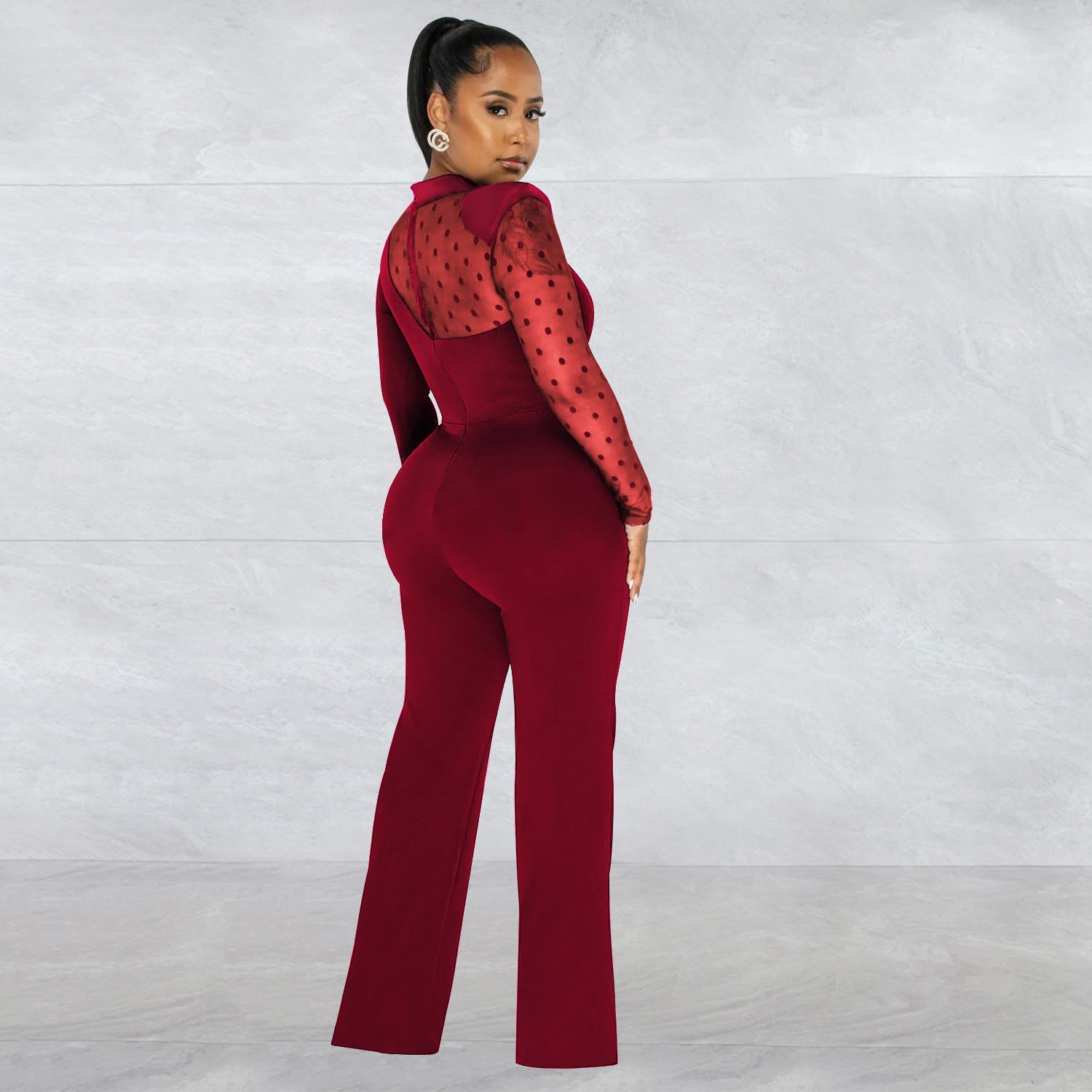 Women's Clothing fashion women's polka dot mesh see-through long-sleeved trousers solid color jumpsuit_voghion.com