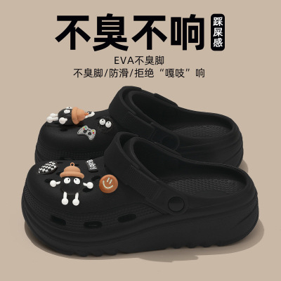 Черные высококачественные тапочки в стиле Crocs, пляжные нескользящие мюли на платформе, женский стиль, подходят для носки на улице, коллекция 2025 года, закрытый носок, пляжный стиль