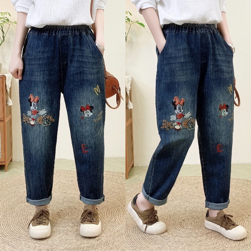 文学レトロ花刺繍ストレッチジーンズ女性の春夏の新しいルーズプラスサイズスリム多用途ハーレムパンツ|undefined