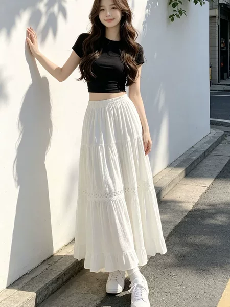 White Lace Hollow-Out Cake Skirt for Women, Summer High-Waisted Slimming A-Line Long Skirt, Gentle Flared Skirt for Petite Figures