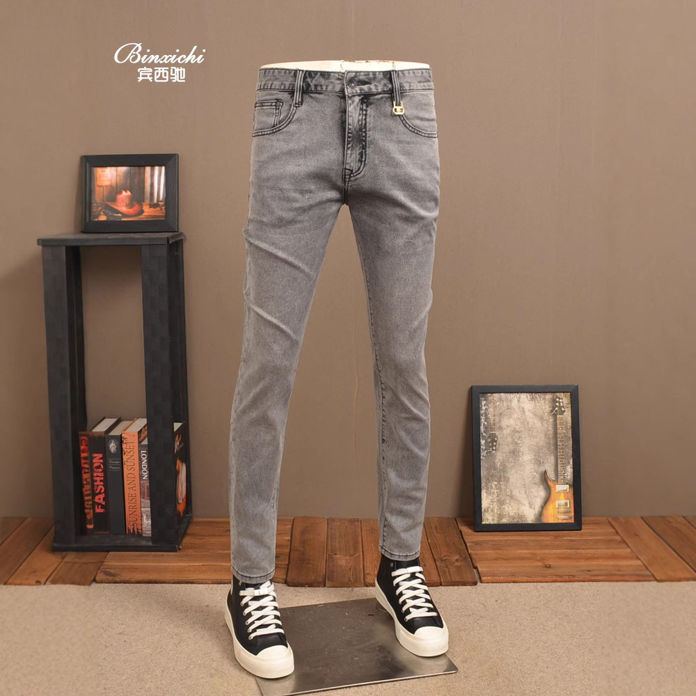 Summer Thin Smoky Gray Men's Jeans Stretch Slim Fit Trendy Brand High-End Washed Casual Soft Pants for Men