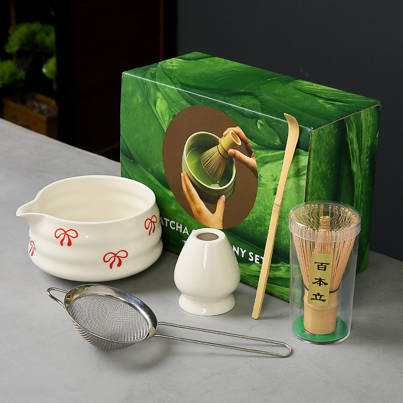 跨境抹茶碗套装樱桃蝴蝶结心形图案花纸陶瓷百本立茶筅点茶系列|undefined