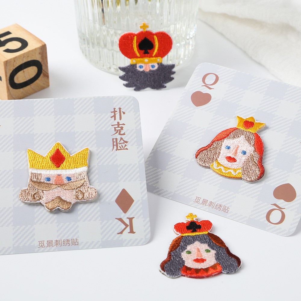跨境扑克国王王妃情侣自粘布贴 免缝熨修复补丁贴服装包包布贴