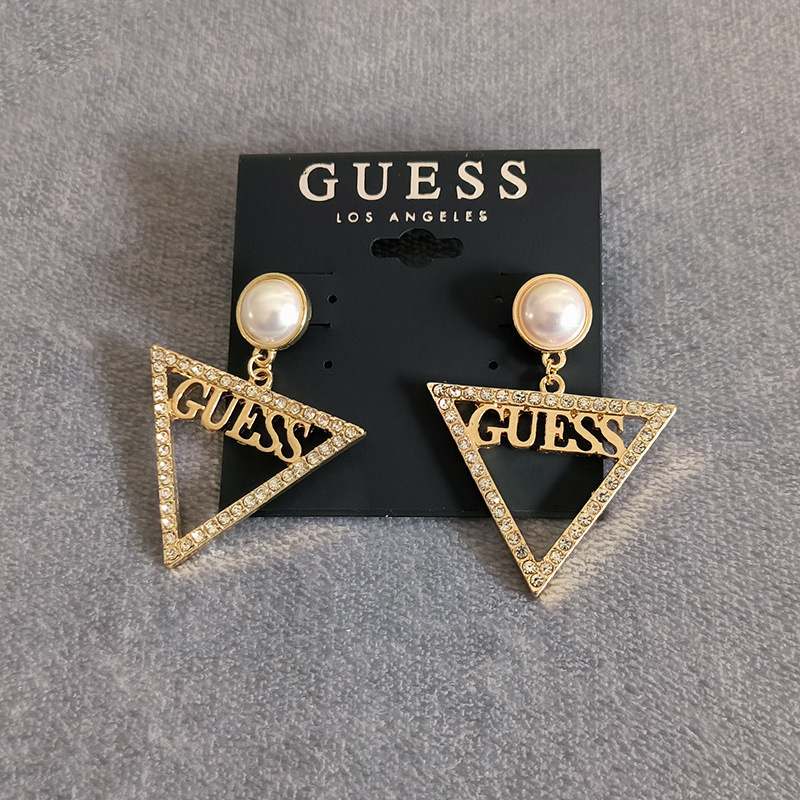 Earrings Women's European and American New Pearl Gem Triangle Gem Geometric Hollow Earrings Sweet Earrings Ear Hook