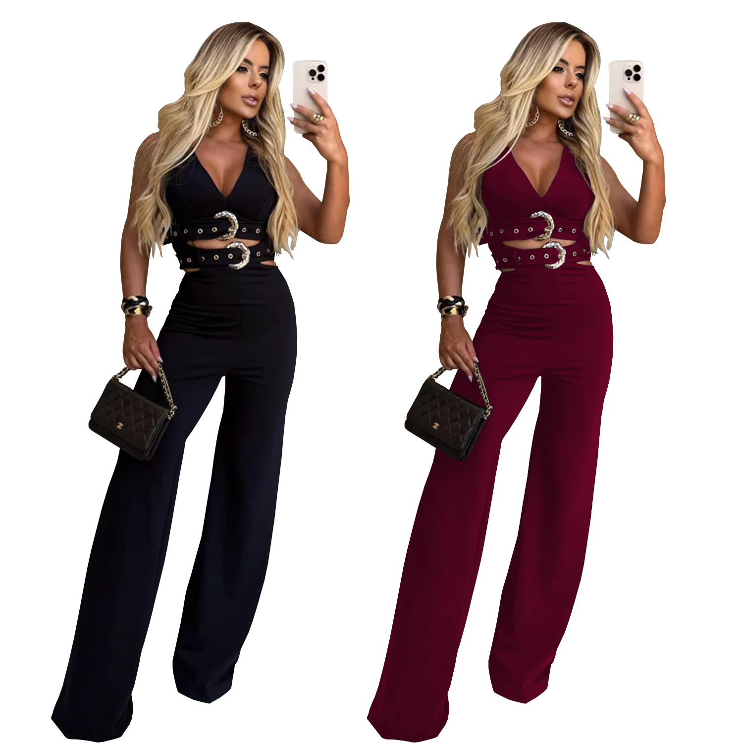 C7499 Aliexpress transfronterizo Amazon ropa de moda europea y americana de mujer cuello en v decoración cinturón de abrazadera pantalón conjunto