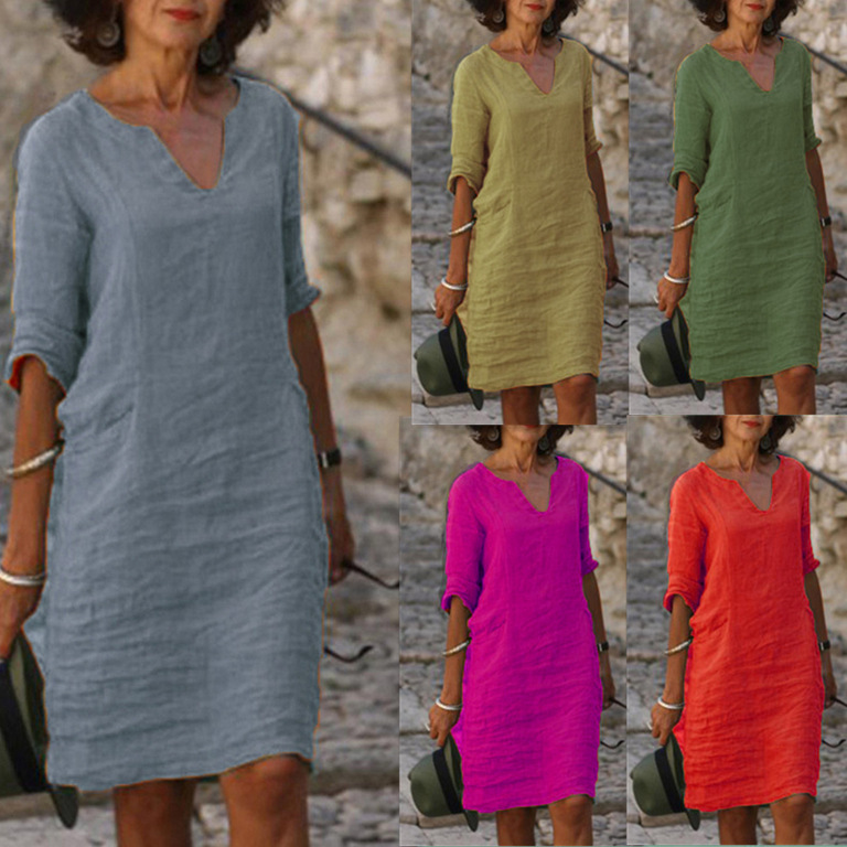 Amazon European and American autumn cotton and linen small V-neck stitching retro solid color 3/4 sleeve dress women's linen cotton fabric