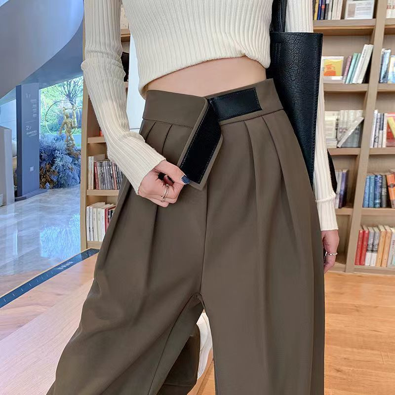 Coffee Color Velcro Pants Women's Spring and Summer High Waist Dosing Long Slim Look Straight Loose Casual Wide-leg Pants