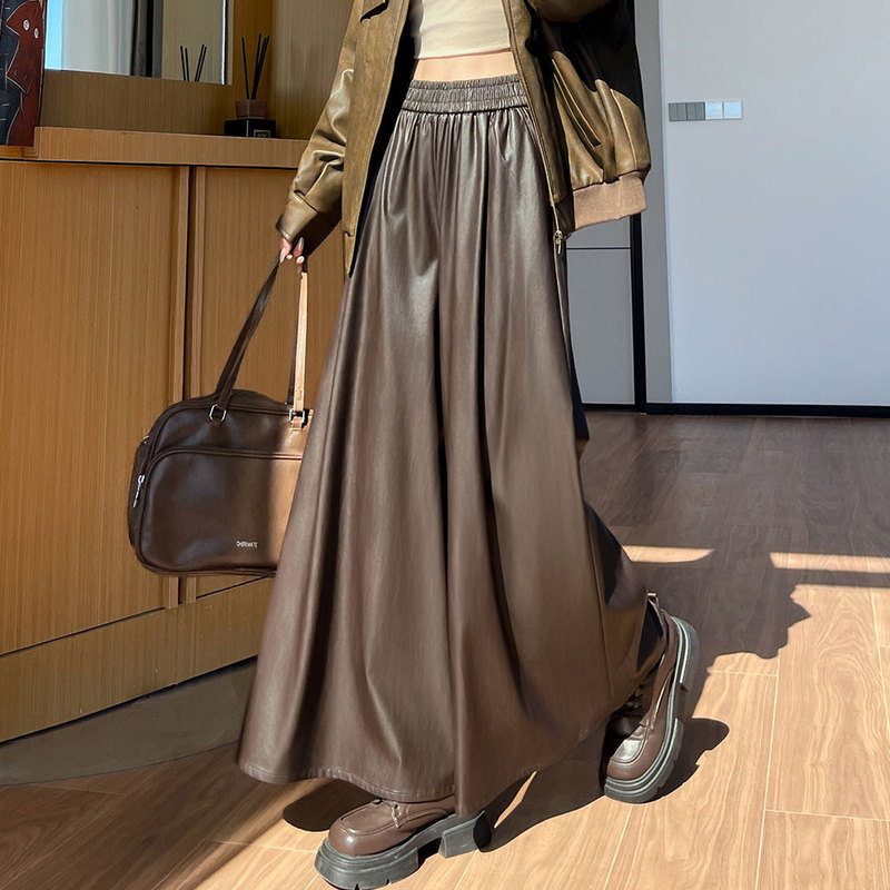 实拍现货皮裤女2025秋冬新款高腰休闲裤软皮PU皮潮酷阔腿休闲裤裙|undefined