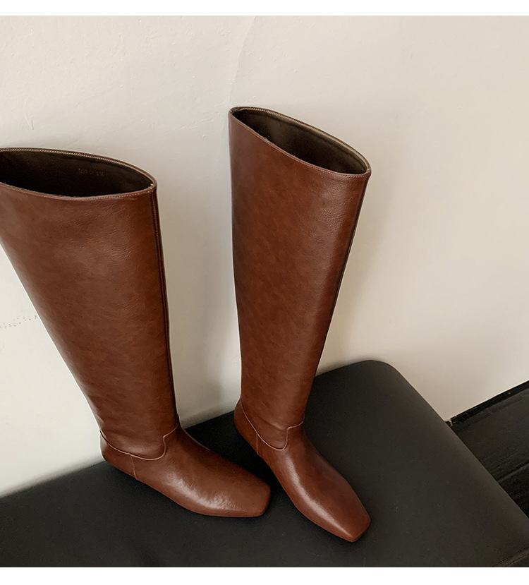 Boot nữ da thật ống rộng mũi vuông cổ cao đến đầu gối gót thấp — màu nâu, đen chi tiết 12