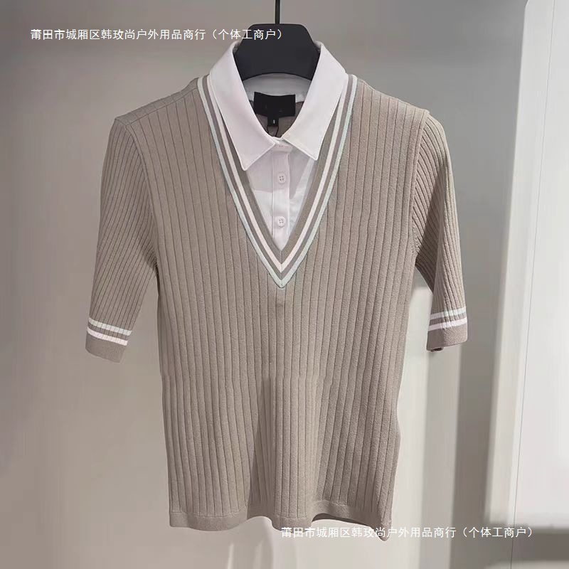 25 Spring and Autum Korean Golf Women's Fake Two-Piece Short-Sleeved T-Shirt Sports Casual Slimming Look Versatile Top