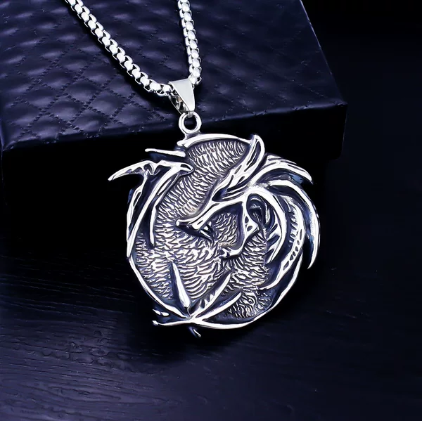 Chinese Style Jewelry Ethnic Retro Dragon Playing with Pearls Wolf Tooth Dragon Head Titanium Steel Men's Stainless Steel Necklace Pendant