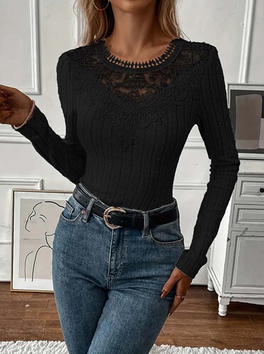 European and American Amazon Women's Top New Long-Sleeved Top 2025 Autumn/Winter Fashionable Casual V-Neck Lace
