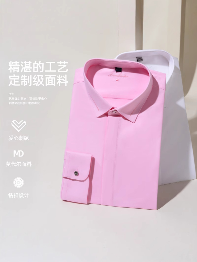 Amor bordado modal Rosa camisa de manga larga de los hombres no planchado negocio boda moda camisa blanca hombres
