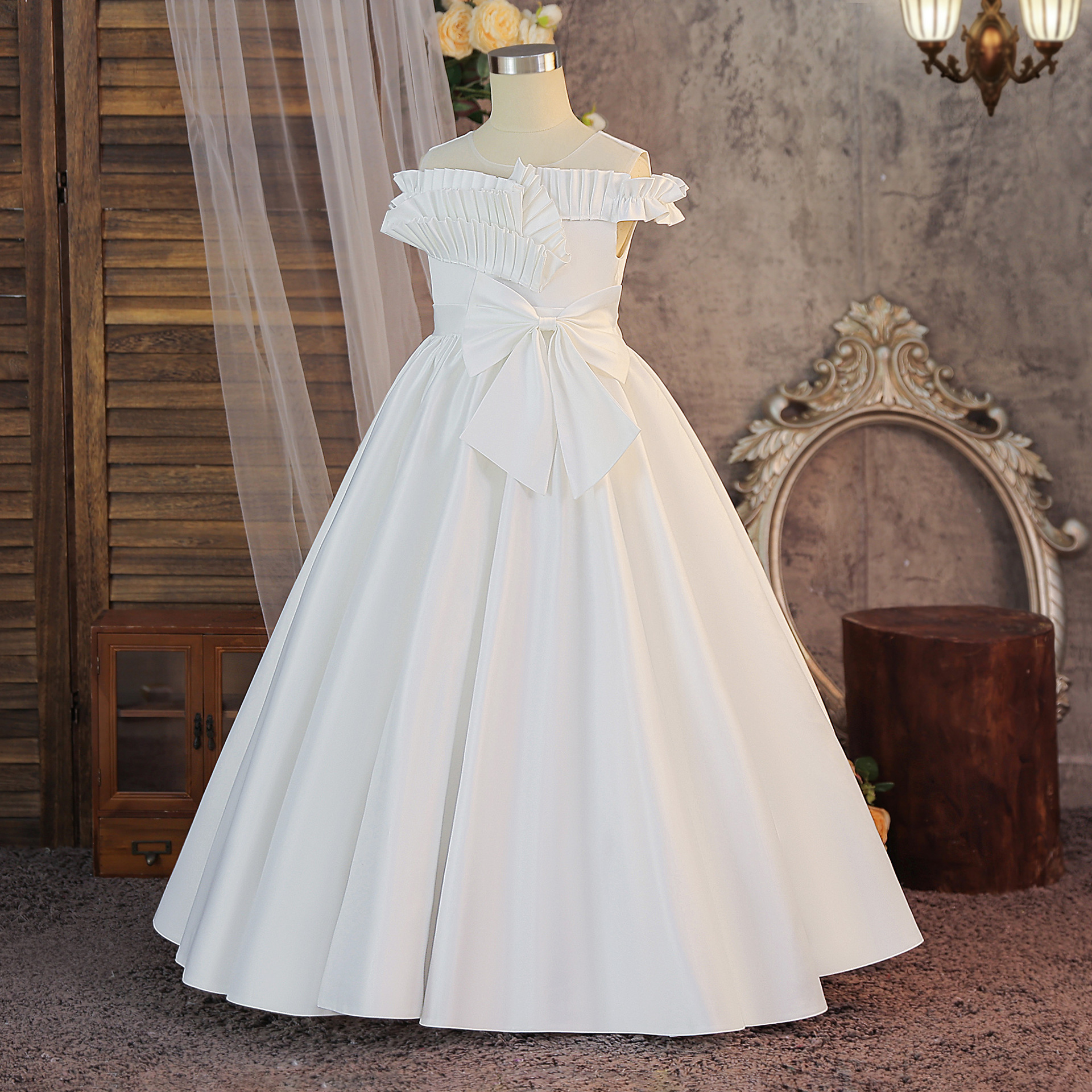 Venta directa de fábrica vestido de niña vestido de princesa blanca un hombro de un niño grande vestido de boda de cumpleaños de niña de flores image 4
