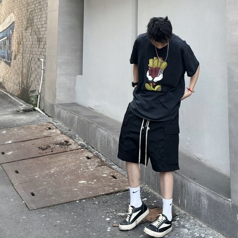 Dark RO Style Crotch Front Zipper Functional Tooling Shorts Men's Summer Loose Multi-Pocket Tight Waist Drawstring Pants