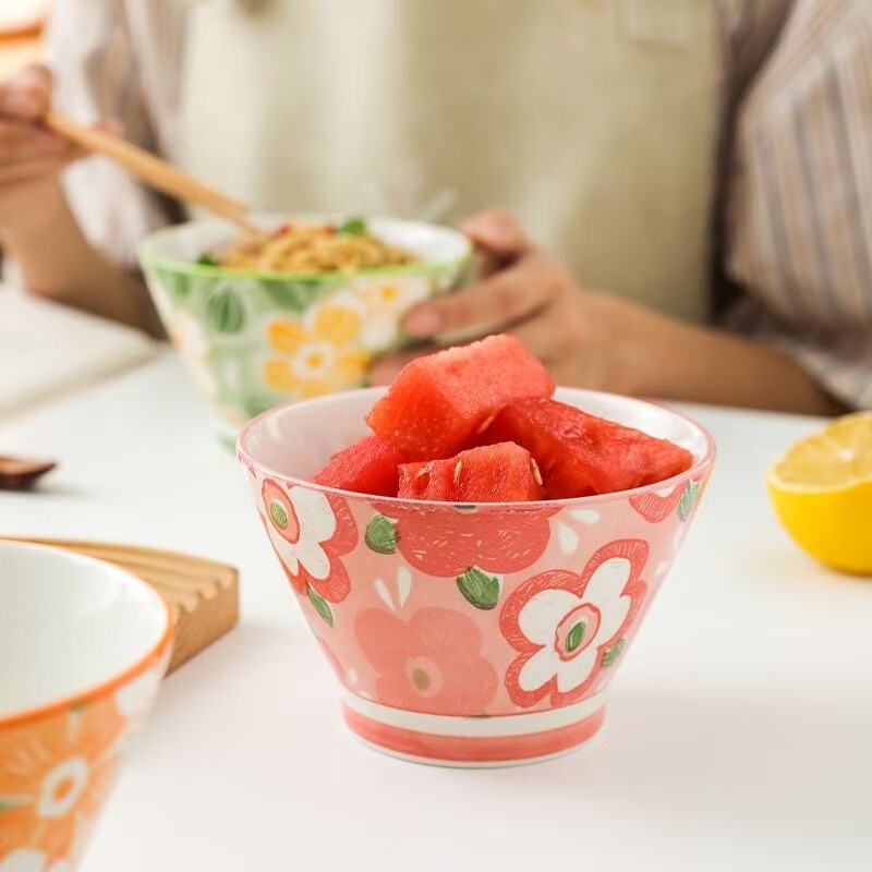 日系花卉斗笠碗陶瓷碗创意饭碗高脚碗家用米饭碗甜品碗釉下彩餐具|undefined