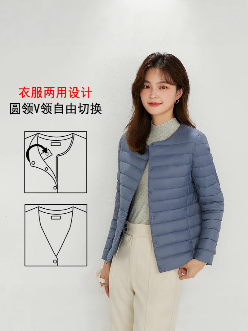 Nuevo chaqueta de plumón ligera para mujeres de invierno y otoño, chaqueta de cuello redondo de cuello en V, doble chaqueta corta grande y delgada