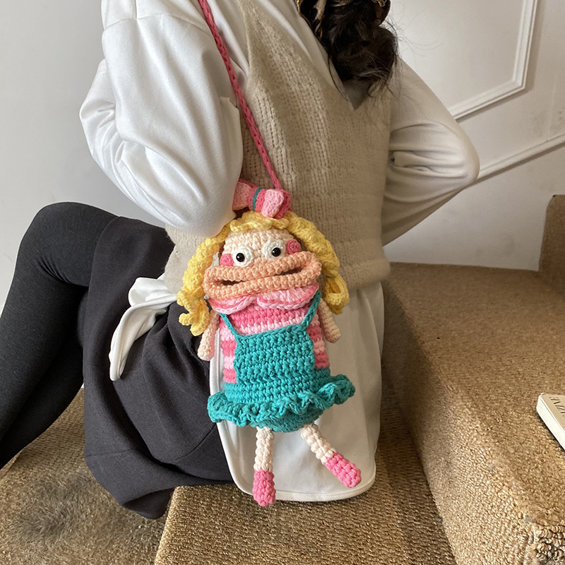 Caricatura encantadora mochila de hombro para niños y niñas ganchillo a mano muñeca de boca grande mochila para niños otoño y invierno nueva bolsa para niños