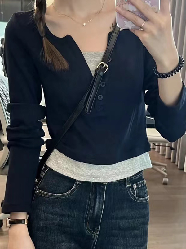 撞色V领假两件打底衫女春秋冬季美式辣妹修身长袖t恤小众显瘦上衣|undefined