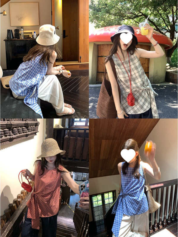 【现货】im向 伦敦格调 时髦简系格纹上衣女夏设计感绑带格子背心|undefined