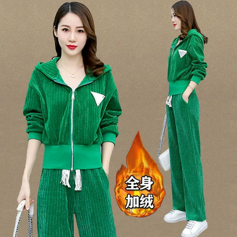 Женский спортивный костюм-двойка с капюшоном, на флисовой подкладке, утолщенный, повседневный стиль, тренд осени-зимы 2025, дропшипинг