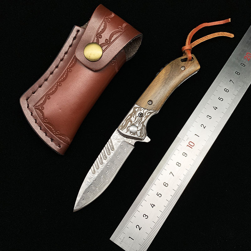 现货批发 大马士革钢折刀 户外野营战术EDC 木柄折叠小刀