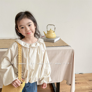 2025 Children's Clothing Autumn New Style Girls Autumn Korean Style Bat Sleeve Washed Cotton Wide Shirt Shirt 5016
