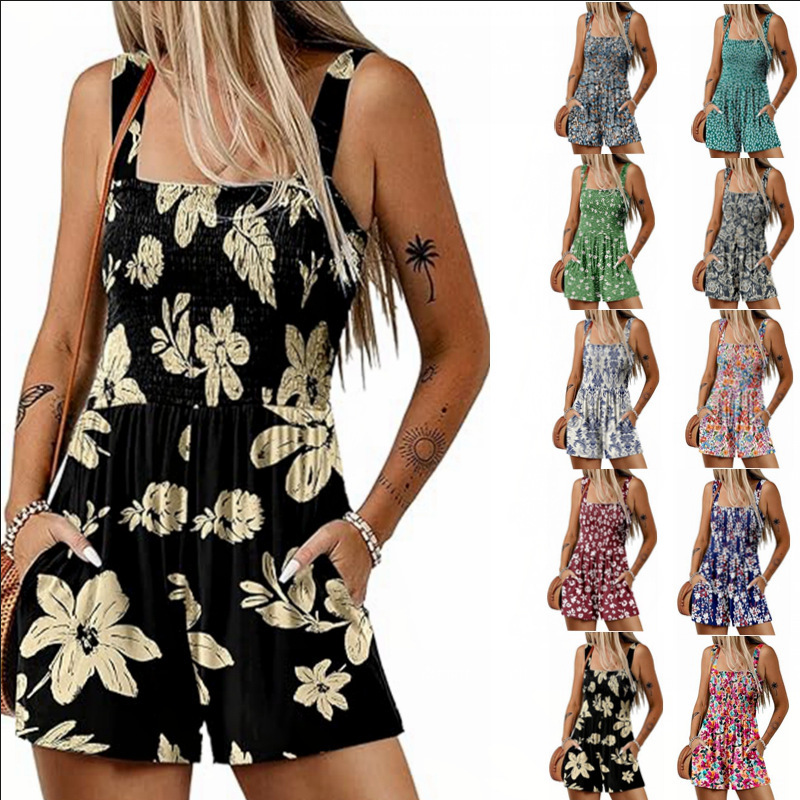 2025 Cross-Border Popular Women's Summer Casual Gathered Jumpsuit Square Collar Sleeveless Loose Shorts Beach Vacation Wear 2025 Cross-Border Popular Women's Summer Casual Gathered Jumpsuit Square Collar Sleeveless Loose Shorts Beach Vacation Wear