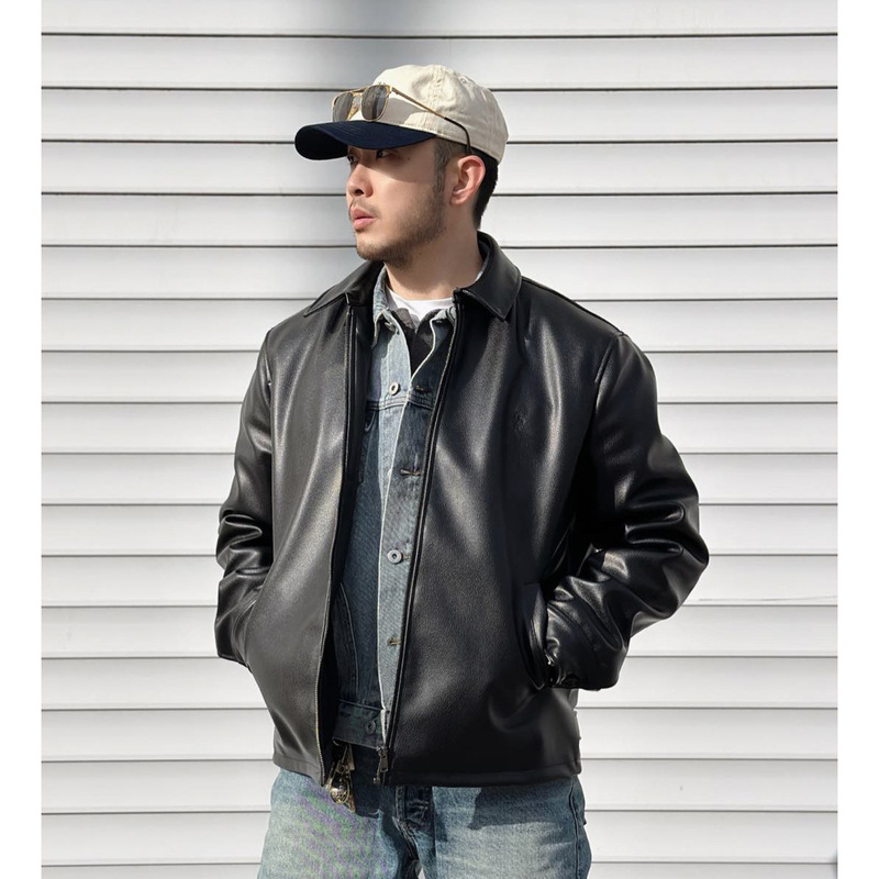 Rl Pony War Horse Embroidered Polo Zipper Solid Color Lapel Long Sleeve Leather Jacket Retro Motorcycle American Style