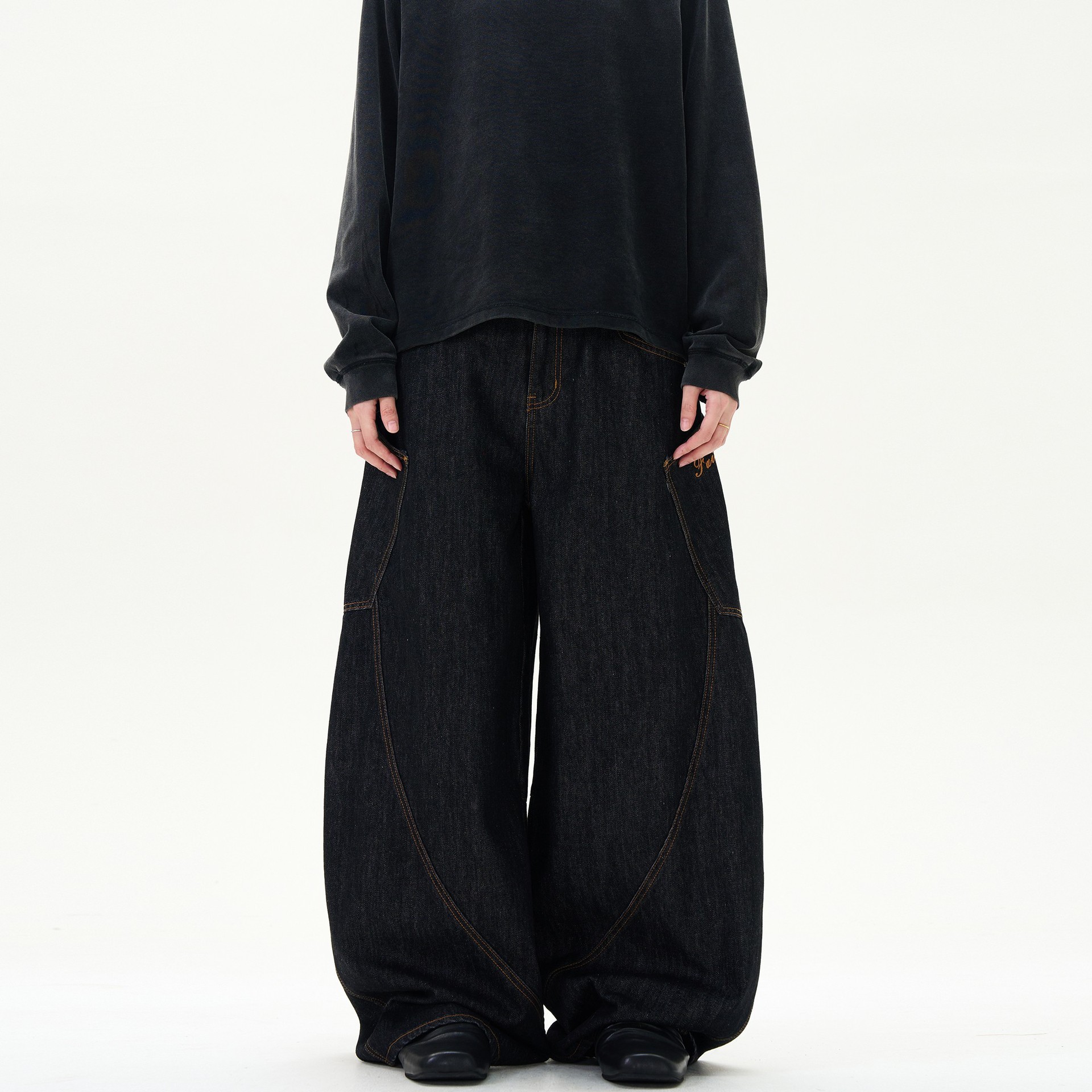 美式复古街头设计感廓形弯刀牛仔裤男女宽松阔腿拖地长裤香蕉裤潮