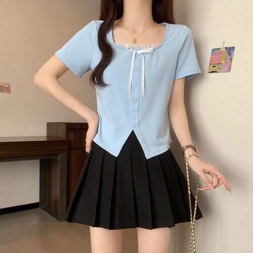 Pink Square Collar Regular Shoulder Short Sleeve Women's T-Shirt 2025 Summer MM Slimming Bowknot Lace Splicing Short-sleeve Top