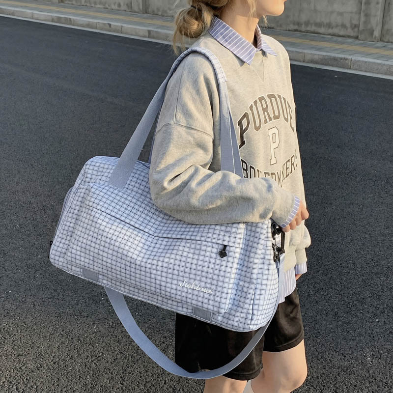 Japanese-Style Casual Student Luggage Bag, Fashionable Plaid Print Yoga Sports Training Bag, Trolley Short-Distance Travel Bag