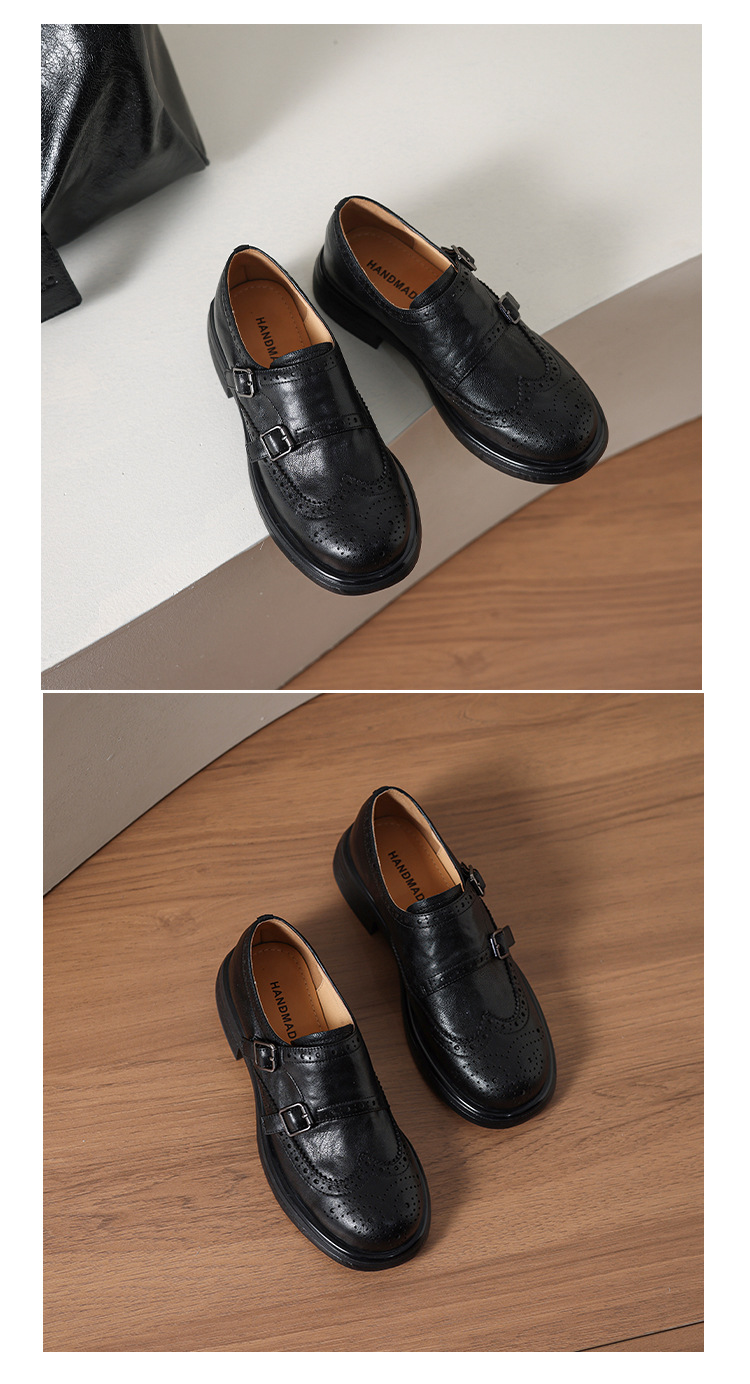Giày loafer nữ mũi tròn bít phong cách Anh quốc, khóa thắt lưng trang trí — màu nâu chi tiết 13