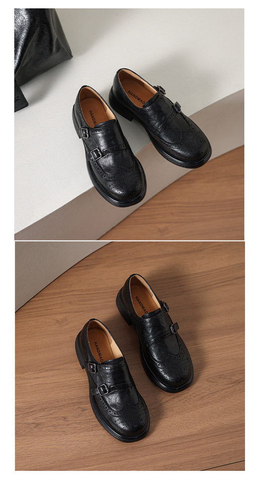 Giày loafer nữ mũi tròn bít phong cách Anh quốc, khóa thắt lưng trang trí — màu nâu chi tiết 12
