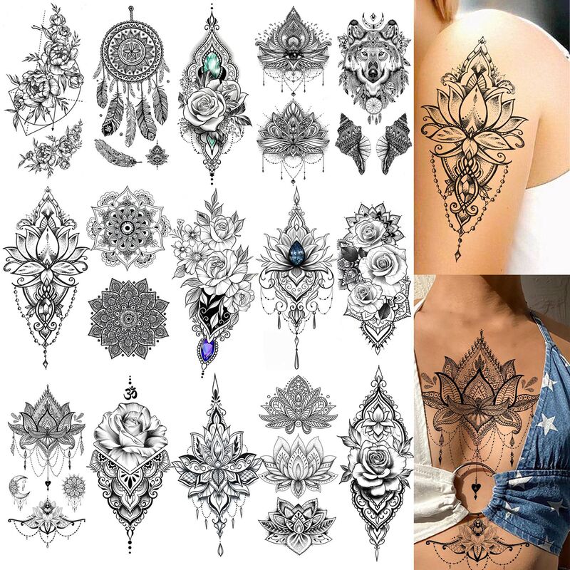 Cross-border henna lotus tattoo stickers for arms, hands, back, neck, temporary tattoo stickers, Temu stickers, tattoo Amazon