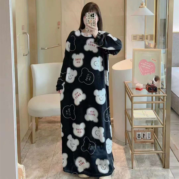 Pijamas de mujeres otoño invierno de franela lindo dibujo animado 2023 nuevo coral de lana gruesa falda cálida ropa para el hogar