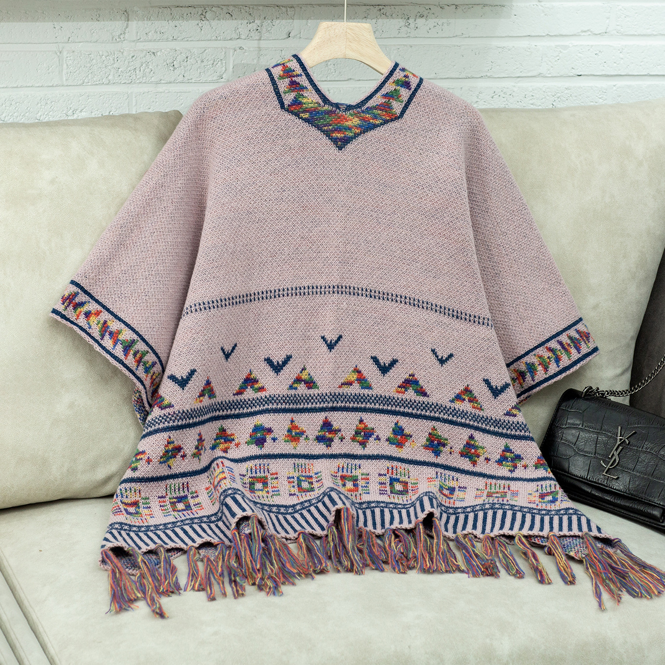 Grobstrick Damen Cape Mit Quasten Lässiger Jacquard Mantel_voghion.com