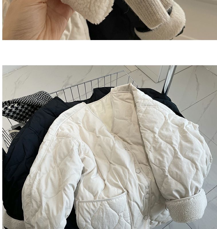 Collarless lamb wool splicing light and thin winter Korean version loose small fragrant dia plaid warm cotton jacket_voghion.com