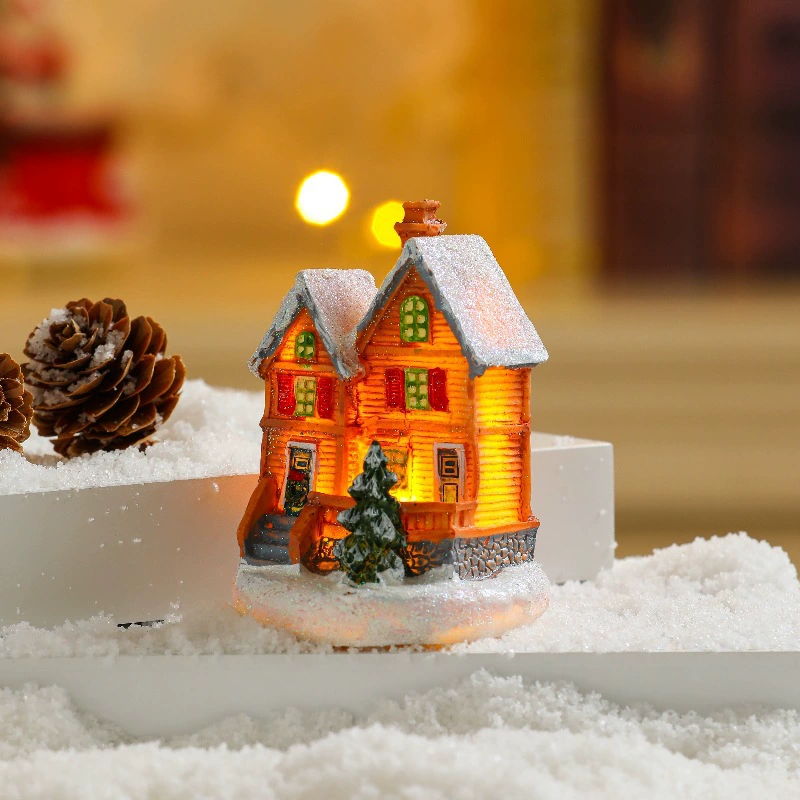 Miniature resin house decorations, micro landscape LED models, battery‑powered, assorted sizes 7–10 cm