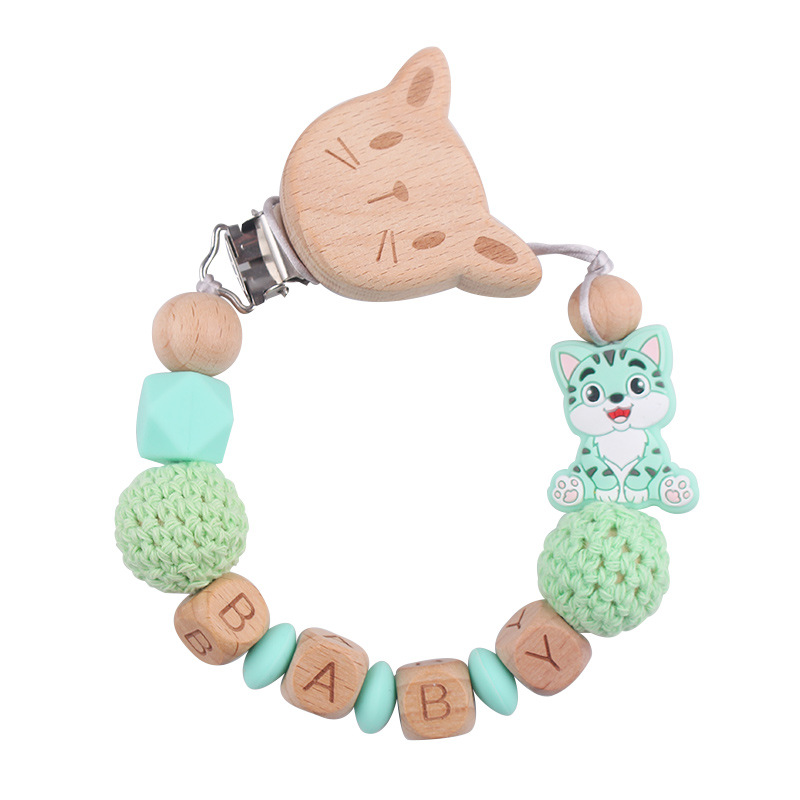 Nuevo bebé gato clip de chupeta de madera de haya dibujos animados juguetes de silicona para gatos calmar bebés chupeta cadena anti-caída cadena