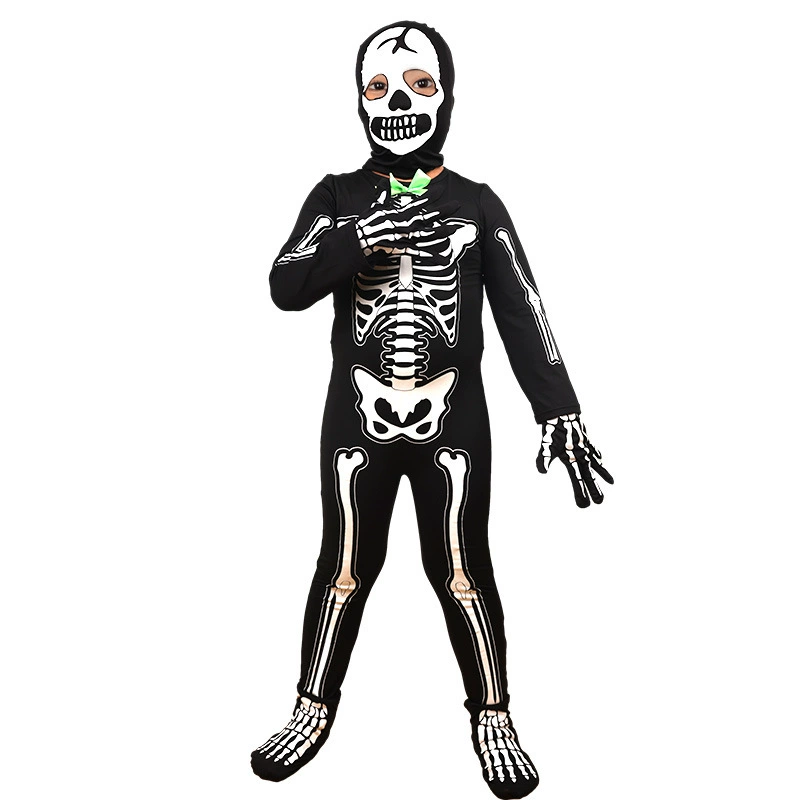 2025 Хэллоуин косплей костюм летний европейский и американский детский черный светящийся череп скелет одежда костюмы для переодевания