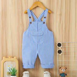 新款秋季童装童裤儿童背带裤蓝色条纹男女宝宝休闲背带裤批发定制