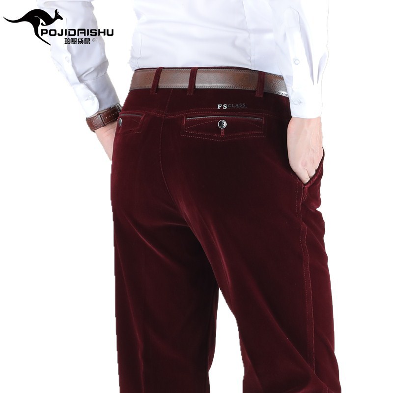 珀基袋鼠秋冬季厚款中年男式灯芯绒条绒裤休闲裤中老年直筒爸爸裤