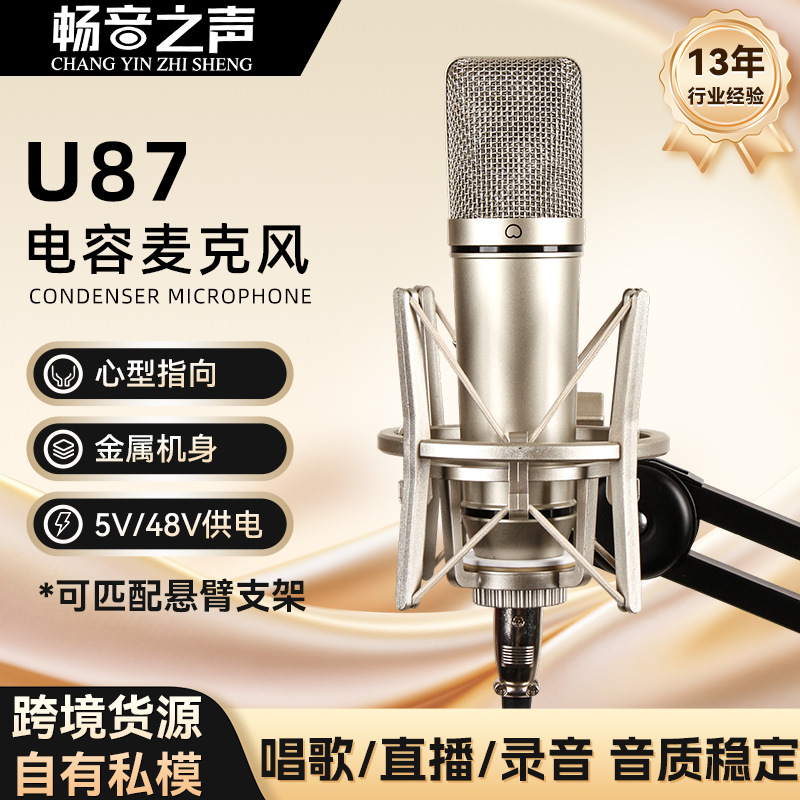 U87 Condenser Microphone High-Quality Streamer Singing Live Broadcast Equipment Sound Card Diaphragm All-Metal Microphone Wholesale