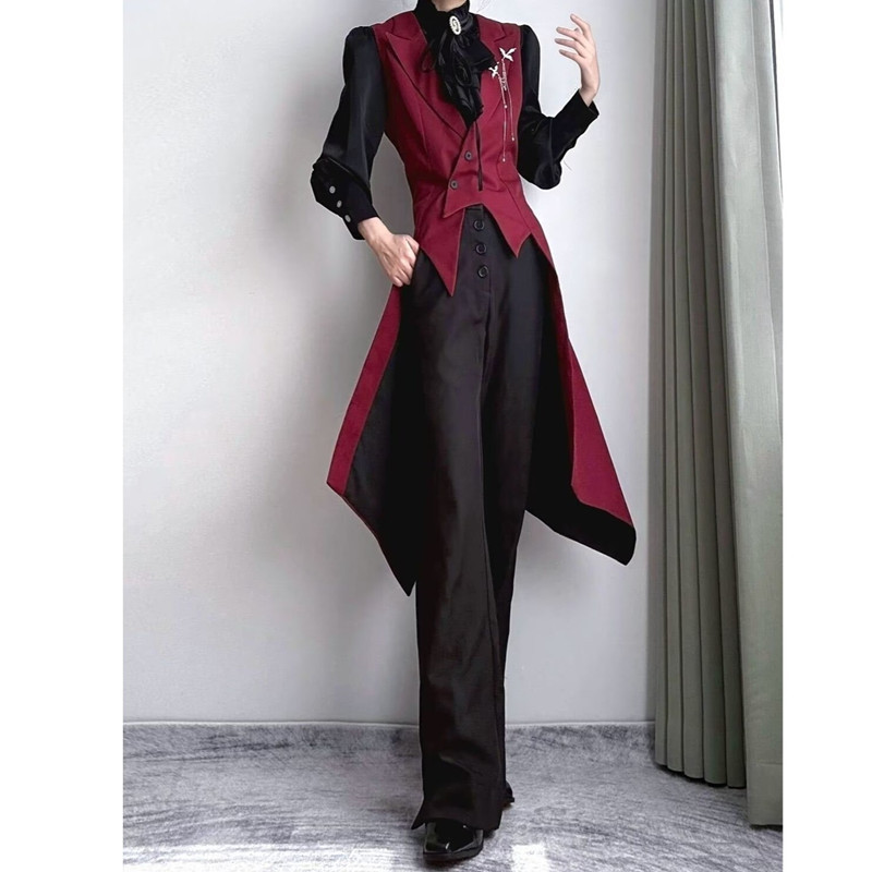 Red suit-style vest with a notched lapel, long tail, and slim fit, designed for men