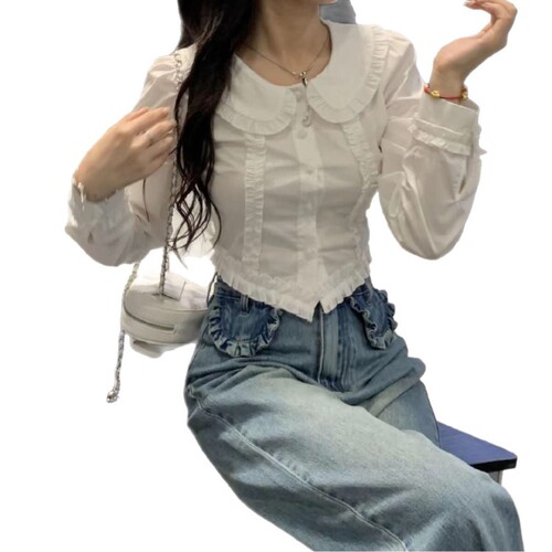 Women's Short-Sleeve High-Waisted White Babydoll Collar Blouse with Lace Detailing, Fitted and Slimming